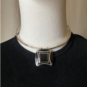 Vintage Monet Silver Pendant Collar Necklace Black Enamel Modernist Choker